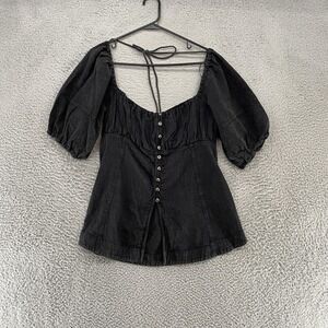 Free People Babydoll Top Womens Large Black Puff Sleeve Square Neck Boho Grunge